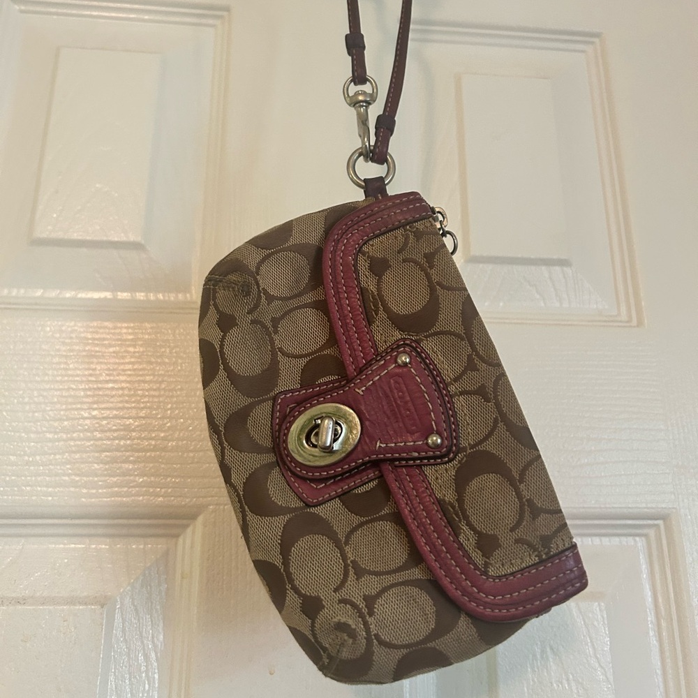 Coach Brown Signature Canvas Wristlet with Burgundy Trim